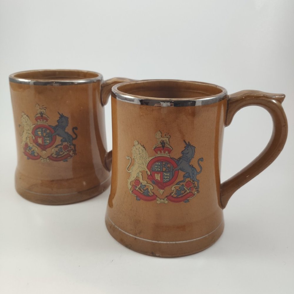 VTG Nasco Ceramic Steins Mugs with UK Crest x2